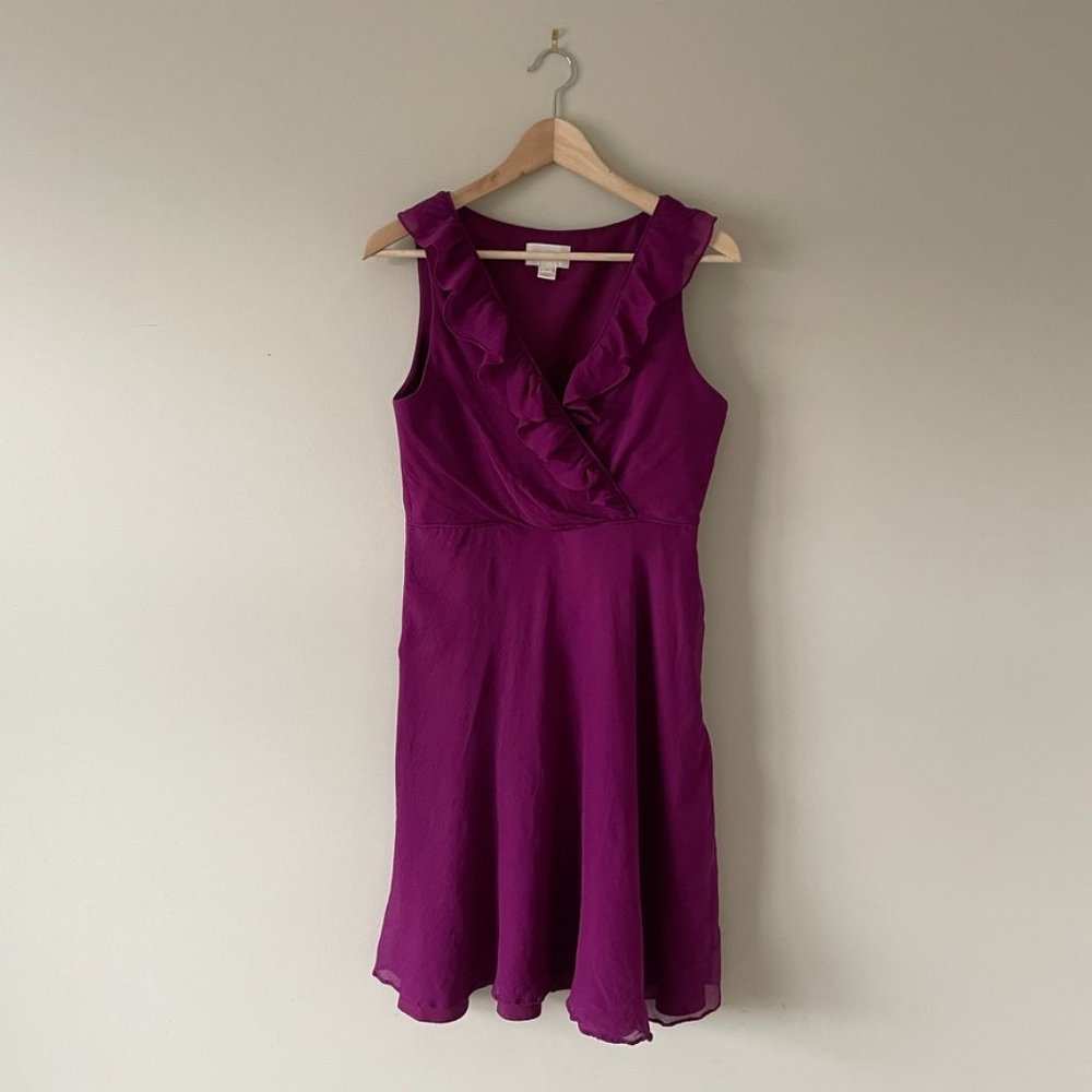 J Crew | Silk Chiffon Ruffle Magenta Dress - Size 6 - Picture 4 of 13